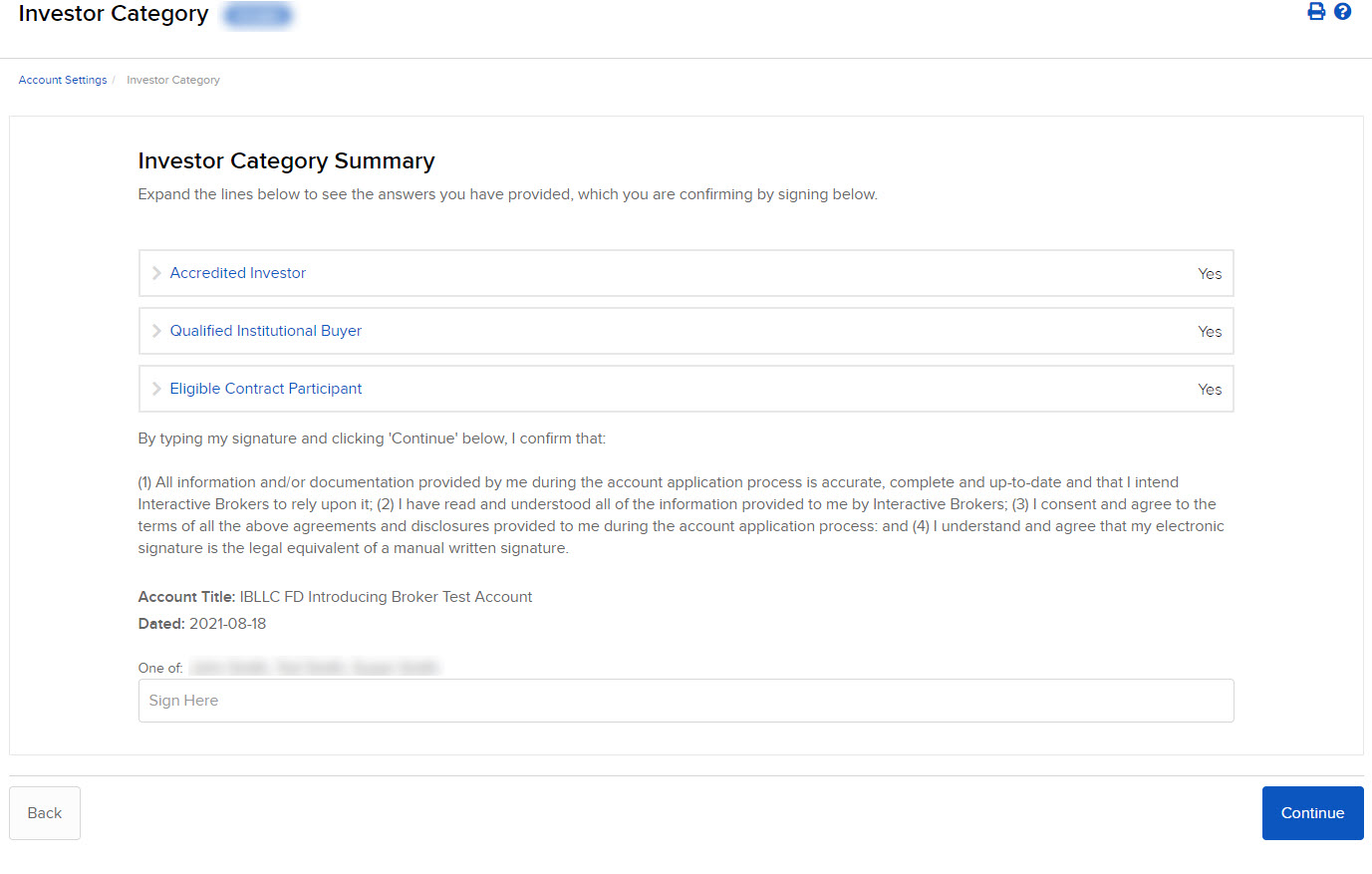 The investor category summary panel in broker portal. 